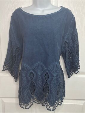 LRL Indigo Cotton Top Crochet Trim Matching Camisole Tank Size Medium